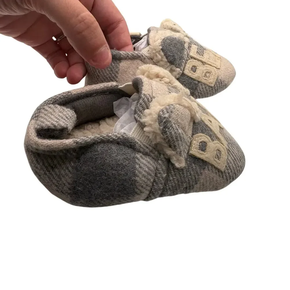 Dearfoams Baby Bear Sherpa Plaid Slippers Gray Buffalo Check NWT Embroidered